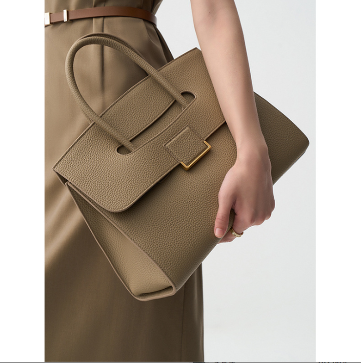 Womens Leather Handbag Large Capacity Textured Top Handle Tote with Gold Buckle